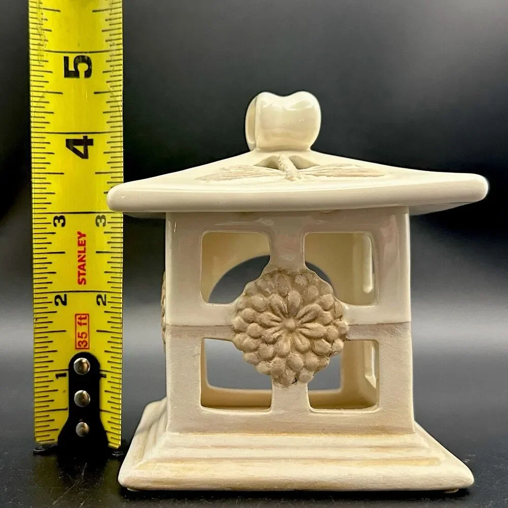 VTG Yankee Candle Stoneware Pagoda Tea Light Holder Dragonfly Ceramic Lantern 4”